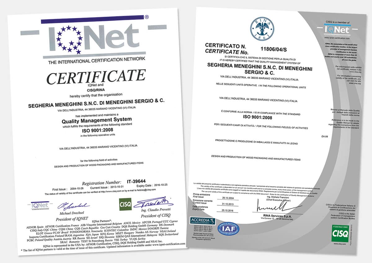 Segheria Meneghini Certificati IQNet e RINA